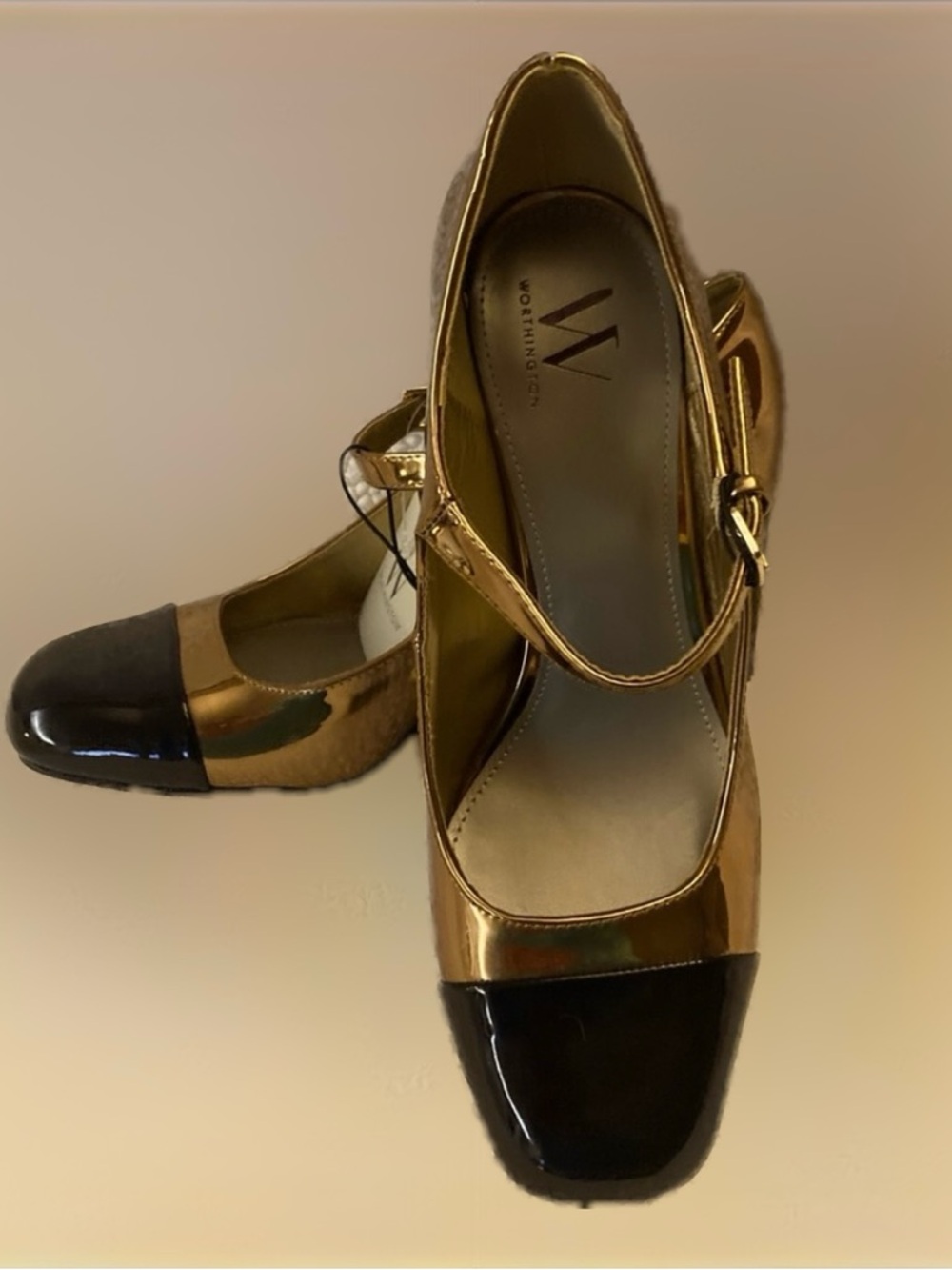 Worthington Gold and Black Chunky Heels with Strap Size 8.5 NWT "Larcie"